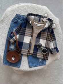 SHEIN Baby Boy Long Sleeve Single-Breasted Hooded Shirt And Denim Jeans Casual Set,Plaid Top, Suitable For Autumn And Winter. - Multicolor - View 7