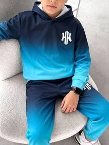 兒童青少年男孩休閒運動漸層紮染連帽衛衣與運動長褲套裝，適合秋冬、學校、家庭聚會、開學季，秋季穿搭、冬季穿搭，男孩兒童套裝 - 彩色 - 查看 4