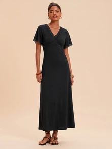 Travachic Women's Lace Patchwork V-Neck Casual Daily Short Sleeve Dress - Black - View 7