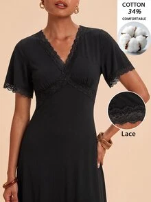 Travachic Women's Lace Patchwork V-Neck Casual Daily Short Sleeve Dress - Black - View 1