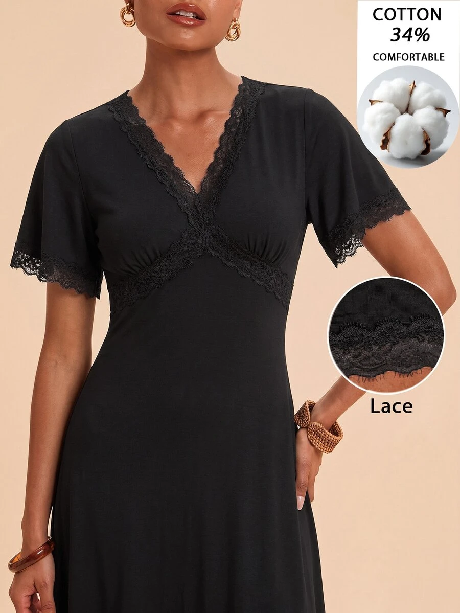 Travachic Women's Lace Patchwork V-Neck Casual Daily Short Sleeve Dress - Black - View 1