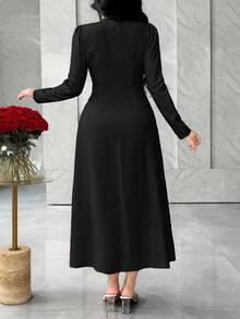 Feyla Elegant Modest French Style Waist Cinching Pockets Minimalist Chic Slimming Dress Brunch Black Fall - Black - View 7