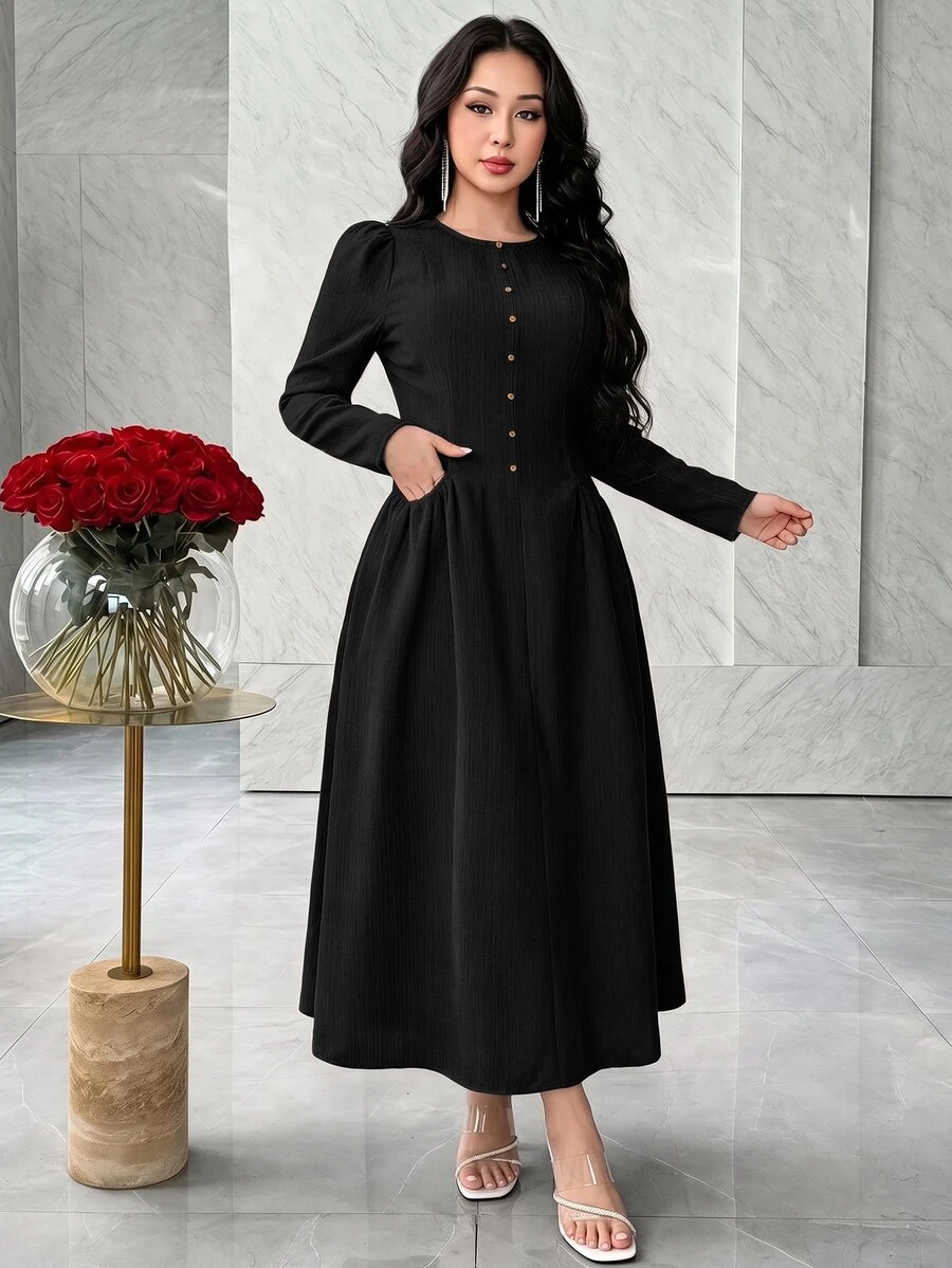 Feyla Elegant Modest French Style Waist Cinching Pockets Minimalist Chic Slimming Dress Brunch Black Fall