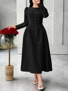 Feyla Elegant Modest French Style Waist Cinching Pockets Minimalist Chic Slimming Dress Brunch Black Fall - Black - View 4