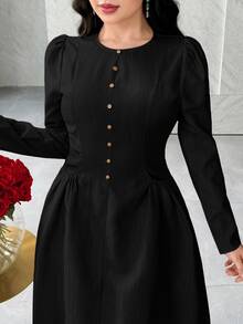 Feyla Elegant Modest French Style Waist Cinching Pockets Minimalist Chic Slimming Dress Brunch Black Fall - Black - View 3
