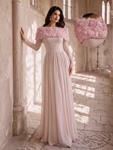 Coutiva Women's Cold Shoulder Floral Decor Craft Fitted Romantic Sweet Maxi Dress - Baby Pink - View 1