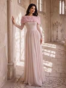 Coutiva Women's Cold Shoulder Floral Decor Craft Fitted Romantic Sweet Maxi Dress - Baby Pink - View 3