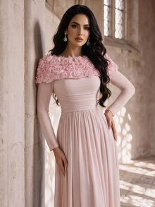 Coutiva Women's Cold Shoulder Floral Decor Craft Fitted Romantic Sweet Maxi Dress - Baby Pink - View 5