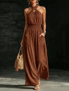 Everyssa Women's Solid Color Pleated Casual Daily Wear Wide Leg Jumpsuit - Brown - View 6