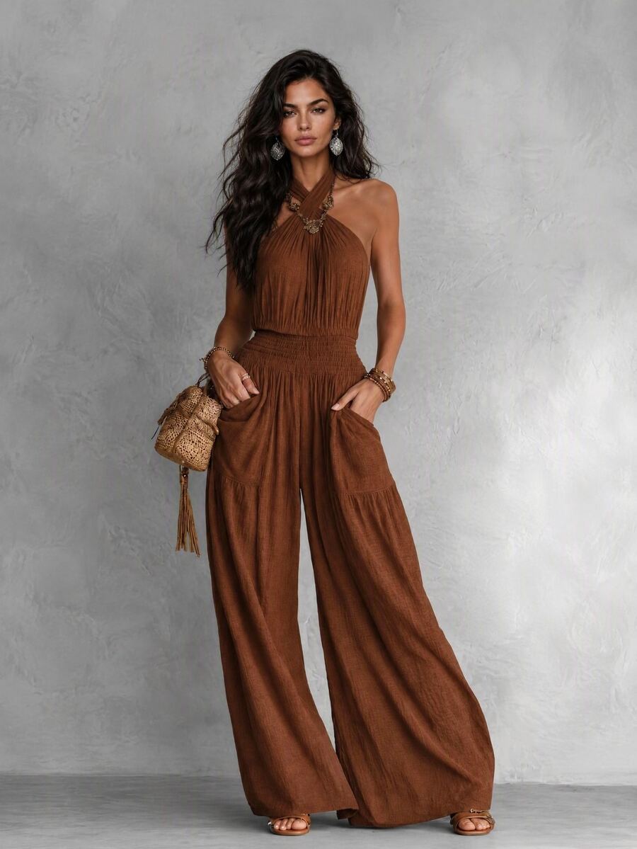 Everyssa Women's Solid Color Pleated Casual Daily Wear Wide Leg Jumpsuit - Brown - View 1