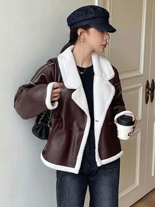 DAZY 女款撞色仿羊羔毛夾克，秋冬皮革外套女大衣 - 棕色 - 查看 4