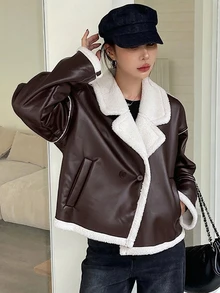 DAZY 女款撞色仿羊羔毛夾克，秋冬皮革外套女大衣 - 棕色 - 查看 8