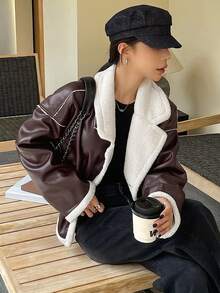 DAZY 女款撞色仿羊羔毛夾克，秋冬皮革外套女大衣 - 棕色 - 查看 3