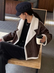 DAZY 女款撞色仿羊羔毛夾克，秋冬皮革外套女大衣 - 棕色 - 查看 7