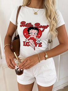 CovetEZ Betty Boop x SHEIN Women's Letter Cartoon Print Casual Daily Short Sleeve T-Shirt - White - View 5