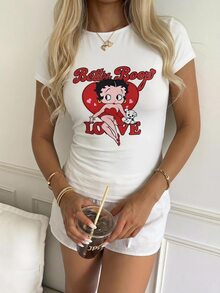 CovetEZ Betty Boop x SHEIN Women's Letter Cartoon Print Casual Daily Short Sleeve T-Shirt - White - View 4