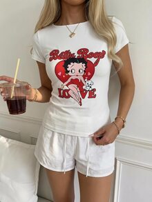 CovetEZ Betty Boop x SHEIN Women's Letter Cartoon Print Casual Daily Short Sleeve T-Shirt - White - View 3