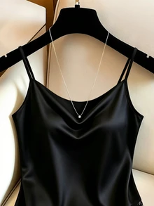 SHEIN 女款優雅蕾絲休閒緞面黑色細肩帶背心上衣，黑色優雅細肩帶上衣，通勤、社交 - 黑色 - 查看 6