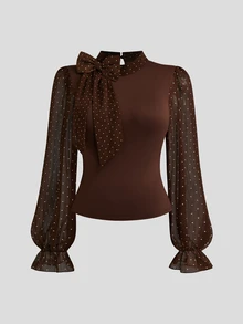 Sweetra Plus Size Women's Polka Dot Tie Neck Long Sleeve Elegant Blouse - Brown - View 1