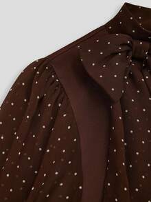 Sweetra Plus Size Women's Polka Dot Tie Neck Long Sleeve Elegant Blouse - Brown - View 4