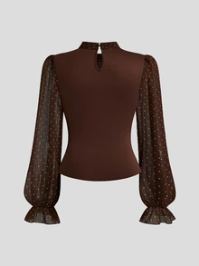 Sweetra Plus Size Women's Polka Dot Tie Neck Long Sleeve Elegant Blouse - Brown - View 2