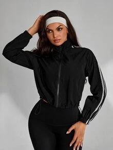 Slayform Women's Fashion Lace Patchwork Zipper Long Sleeve Sports Jacket - Black - View 5