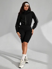 Slayform Women's Fashion Lace Patchwork Zipper Long Sleeve Sports Jacket - Black - View 4