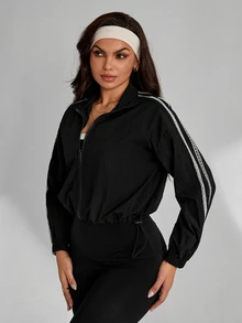 Slayform Women's Fashion Lace Patchwork Zipper Long Sleeve Sports Jacket - Black - View 6