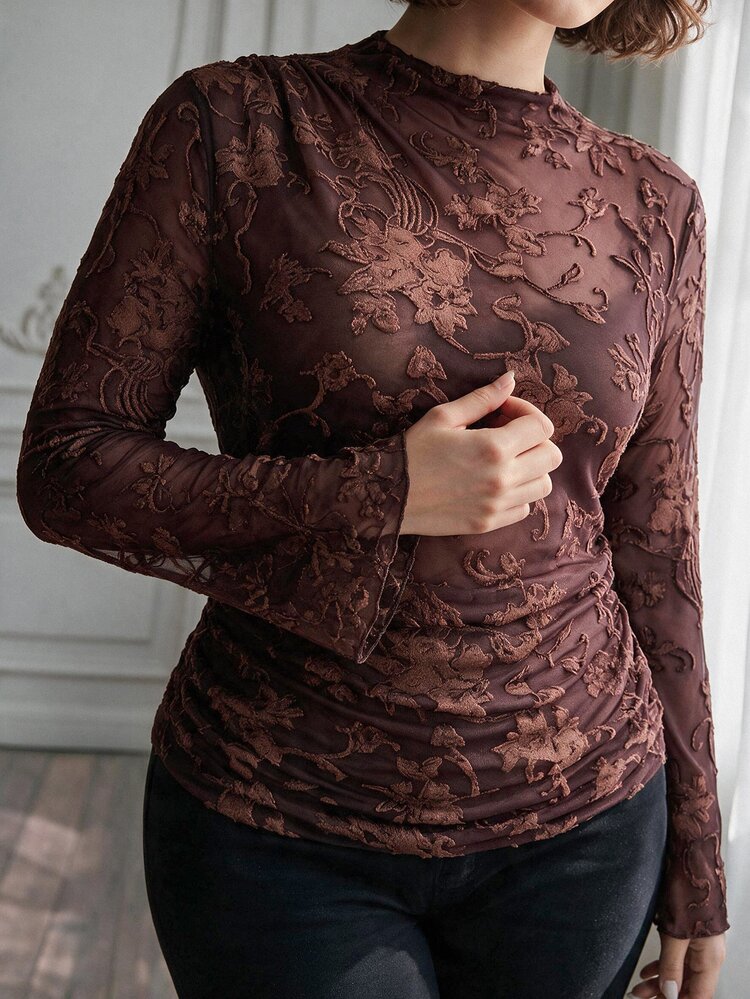 Elenzga Atasan Elegan Wanita Ukuran Plus dengan Leher Bulat dan Jaring Transparan, Blus Lengan Panjang Bordir Bunga 3D Cokelat dengan Pinggang Ramping, Cocok untuk Acara Thanksgiving, Pesta Malam Halloween, Pakaian Malam Musim Gugur/Dingin, Kencan Malam, Pakaian Tamu Pernikahan, Pesta Koktail Ulang Tahun - Coklat - View 1