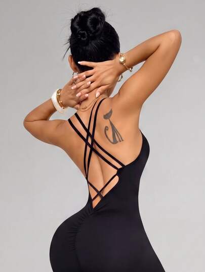 Slayform Slayform 1pc Women's Cross Strap Deep V-Back 7/8 Length Yoga Running Fitness Jumpsuit Y2k Glowmode