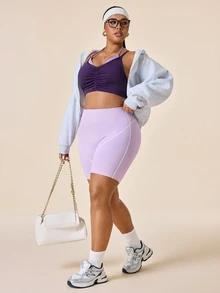 SHEIN Rhythm Era Plus Size Sports Bra, Purple And Pink Colorblock, Ruched Design, Halter Neck, Adjustable Cross Straps, Open Back, Removable Cups, Lingerie - Purple - View 6