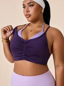 SHEIN Rhythm Era Plus Size Sports Bra, Purple And Pink Colorblock, Ruched Design, Halter Neck, Adjustable Cross Straps, Open Back, Removable Cups, Lingerie - Purple - View 5