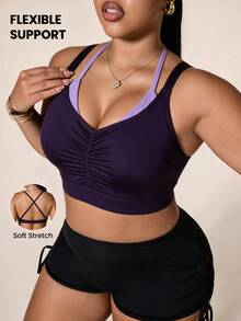 SHEIN Rhythm Era Plus Size Sports Bra, Purple And Pink Colorblock, Ruched Design, Halter Neck, Adjustable Cross Straps, Open Back, Removable Cups, Lingerie - Purple - View 1