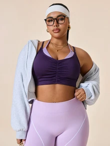 SHEIN Rhythm Era Plus Size Sports Bra, Purple And Pink Colorblock, Ruched Design, Halter Neck, Adjustable Cross Straps, Open Back, Removable Cups, Lingerie - Purple - View 2