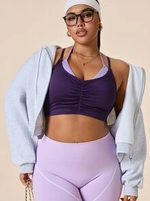 SHEIN Rhythm Era Plus Size Sports Bra, Purple And Pink Colorblock, Ruched Design, Halter Neck, Adjustable Cross Straps, Open Back, Removable Cups, Lingerie - Purple - View 7