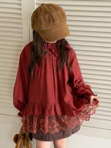DAZY Tween Girl) Lace Patchwork Design Long Sleeve Casual Bow Design Long Sleeve Autumn Shirt - Burgundy - View 1