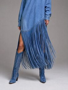 Everyssa 女款高領牛仔效果印花流蘇寬鬆版型洋裝 - 藍色 - 查看 5
