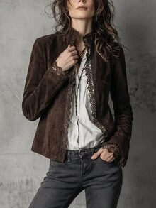 Everyssa Women's Lace Patchwork Casual Versatile Daily Wear Cardigan - Coffee Brown - View 5