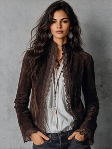 Everyssa Women's Lace Patchwork Casual Versatile Daily Wear Cardigan - Coffee Brown - View 1