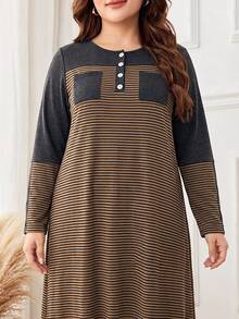 Seusyu Women's Striped Plus Size Casual Summer Dress - Brown - View 4