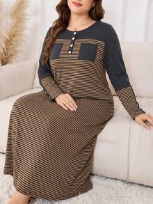 Seusyu Women's Striped Plus Size Casual Summer Dress - Brown - View 5