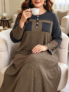 Seusyu Women's Striped Plus Size Casual Summer Dress - Brown - View 1