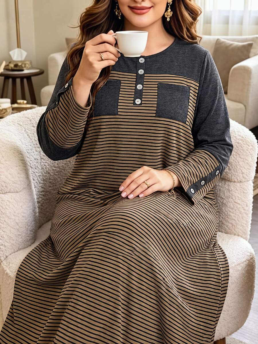 Seusyu Women's Striped Plus Size Casual Summer Dress - Brown - View 1