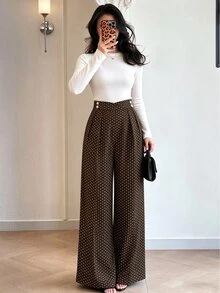 Modelyn 女款春夏秋冬時尚復古優雅咖啡色波點高腰雙珍珠鈕扣百褶垂墜寬鬆長褲，適合通勤休閒 - 咖啡棕 - 查看 1