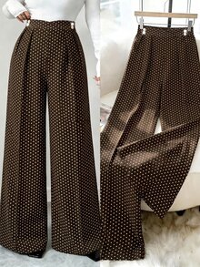 Modelyn 女款春夏秋冬時尚復古優雅咖啡色波點高腰雙珍珠鈕扣百褶垂墜寬鬆長褲，適合通勤休閒 - 咖啡棕 - 查看 4