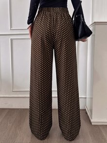 Modelyn 女款春夏秋冬時尚復古優雅咖啡色波點高腰雙珍珠鈕扣百褶垂墜寬鬆長褲，適合通勤休閒 - 咖啡棕 - 查看 2