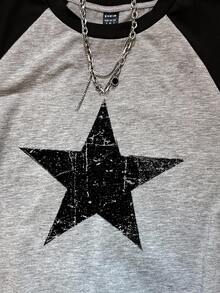Attitoon 經典灰色星星圖案女款修身落肩袖T恤 夏季街頭風 Y2K 休閒城市度假復古撞色圓領上衣 日常穿搭 - 淺灰色 - 查看 8