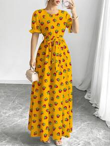 Al Najma Shalky Floral & Botanical Digital Print Crew Neck Long Sleeve A-Line Dress For Women, Spring/Summer - Multicolor - View 4