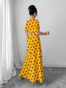 Al Najma Shalky Floral & Botanical Digital Print Crew Neck Long Sleeve A-Line Dress For Women, Spring/Summer - Multicolor - View 2