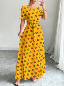 Al Najma Shalky Floral & Botanical Digital Print Crew Neck Long Sleeve A-Line Dress For Women, Spring/Summer - Multicolor - View 3